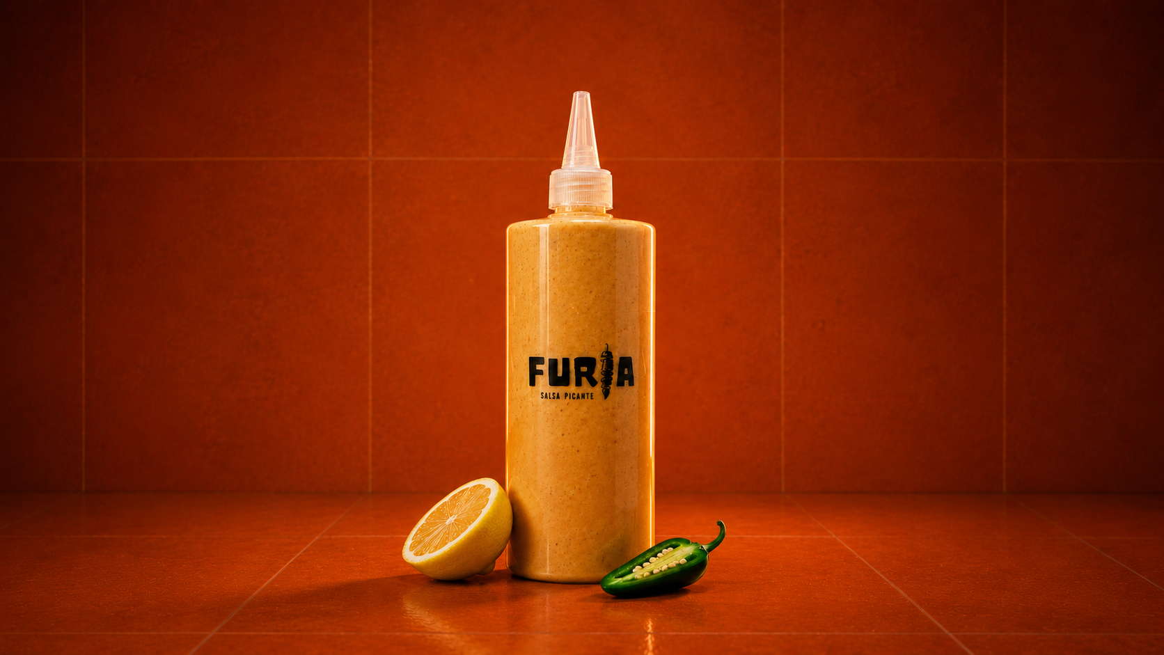 FURIA junto a lima y jalapeño sobre fondo terracota