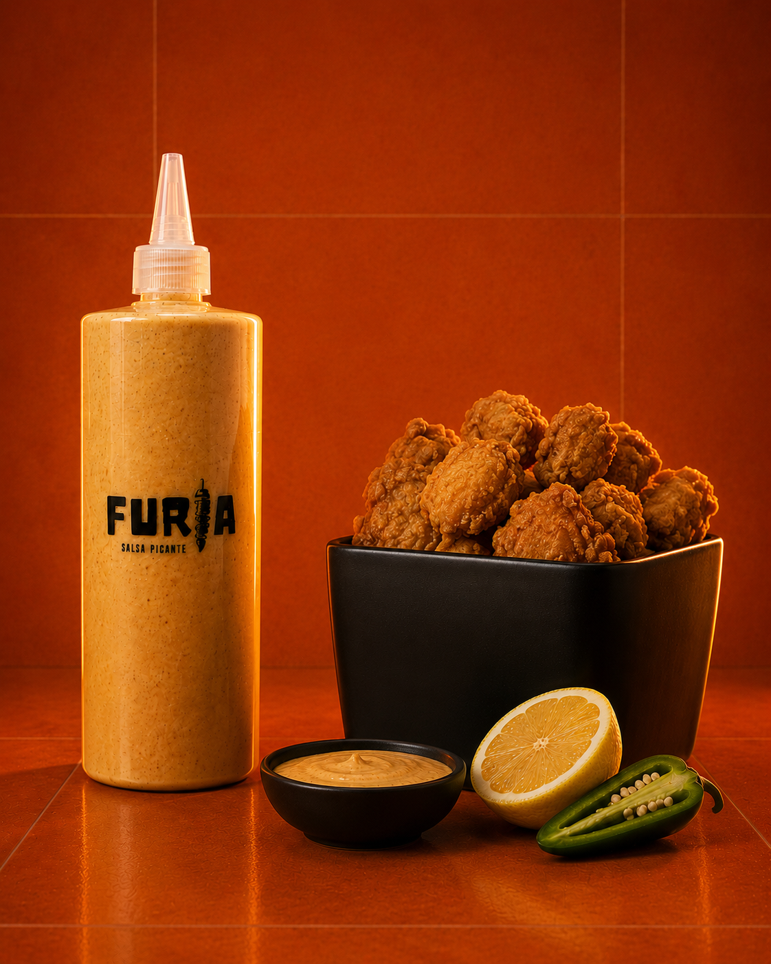 Vista de estudio, con pollo frito y salsa para mojar